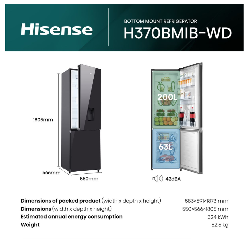 Hisense 263l Water Dispenser Black Glass Fridge H370bmib-wd