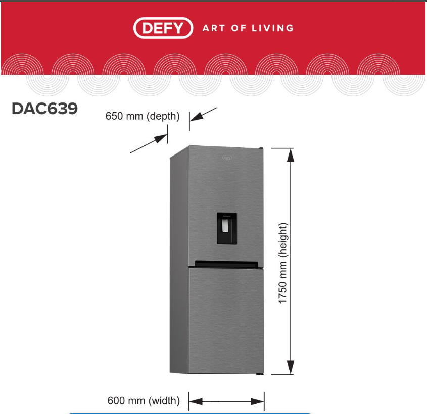 Defy 302L DAC639 Bottom Freezer Fridge Water Dispenser Frost Free Metallic