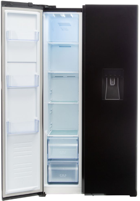 Defy 496L Elegant Black Glass Side by Side Fridge Freezer