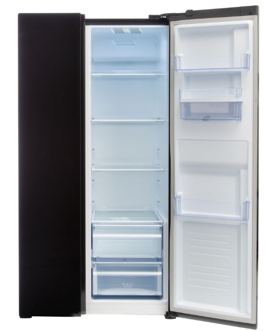 Defy 496L Elegant Black Glass Side by Side Fridge Freezer