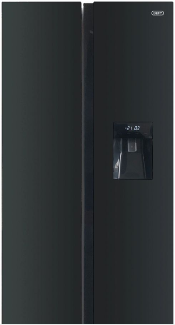 Defy 496L Elegant Black Glass Side by Side Fridge Freezer