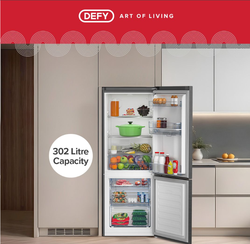 Defy 302L DAC639 Bottom Freezer Fridge Water Dispenser Frost Free Metallic